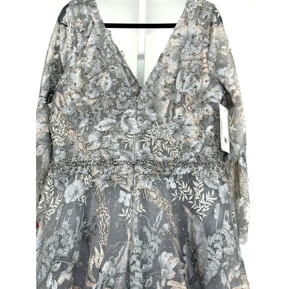 Mac Duggal { 20214 } Gray Long Sleeve Beaded Applique Gown  [ 16 ] - Picture 8 of 14